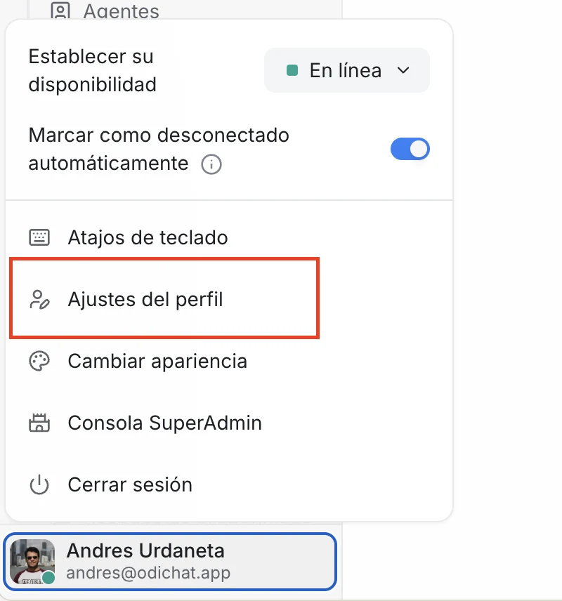 Menú de usuario de Odichat con la opción Ajustes del perfil resaltada