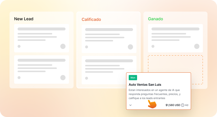 Tablero de ventas con las etapas Nuevo, Propuesta y Ganado; una tarjeta de cliente pasa de Propuesta a Ganado